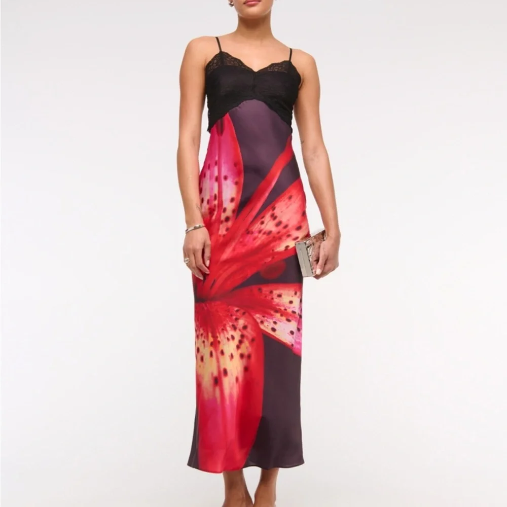 Abercrombie & Fitch Black Slip Maxi Dress with Red Floral Print
